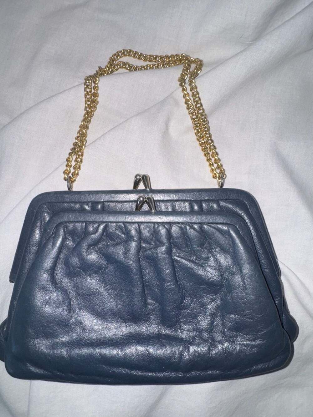 Etra Vintage Blue Leather Kisslock Double Frame Shoulder Bag